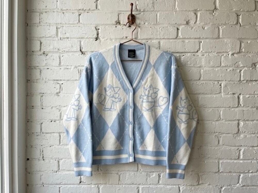 Her Universe Disney Cinderella Jaq Gus Argyle Knit Cardigan Sweater Light Blue